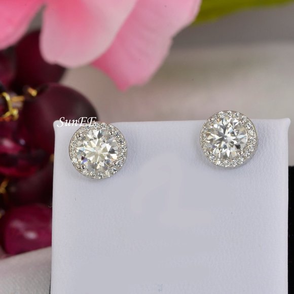 GRA Certified 2ctw Halo Round Cut Moissanite Stud Earrings NEW - Picture 3 of 13